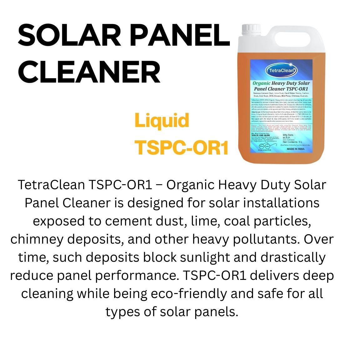 TetraClean TSPC‑OR1 Organic Heavy Duty Solar Panel Cleaner – Eco‑Friendly Industrial Dust Remover