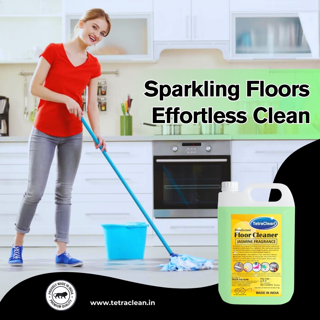 TetraClean Jasmine Disinfectant Floor Cleaner – 99.9% Germ Protection, Long-Lasting Fresh Fragrance for Home, Office & Malls