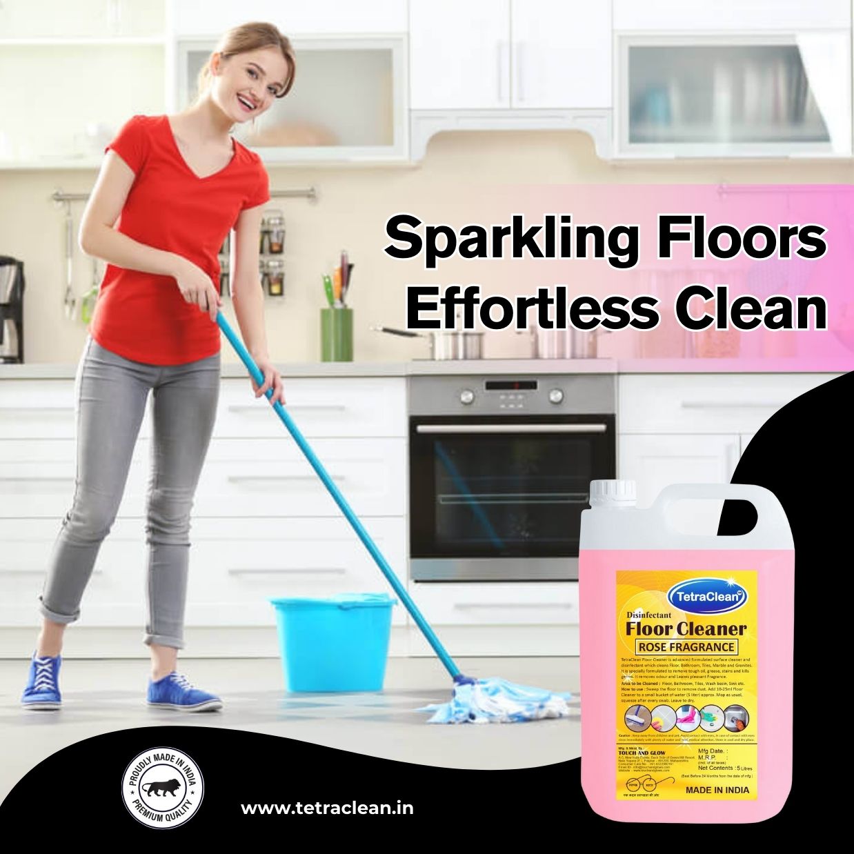TetraClean Rose Disinfectant Floor Cleaner – Floral Freshness, 99.9% Germ Protection & Streak‑Free Shine