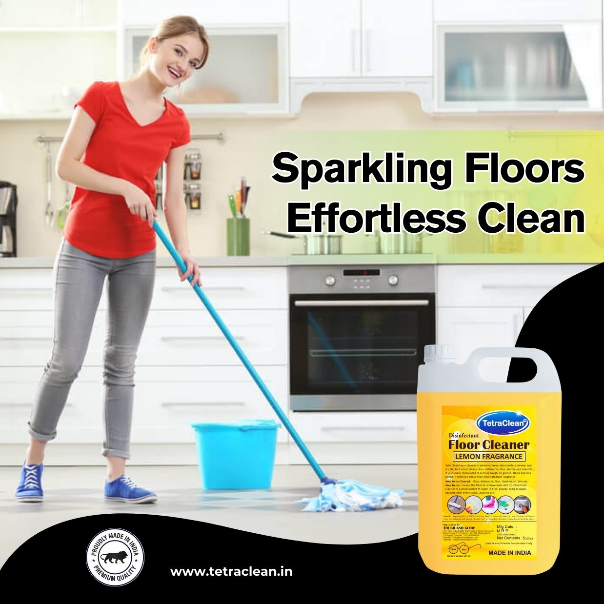 TetraClean Lemon Disinfectant Floor Cleaner – Powerful Degreasing Action, 99.9% Germ Protection & Fresh Citrus Shine