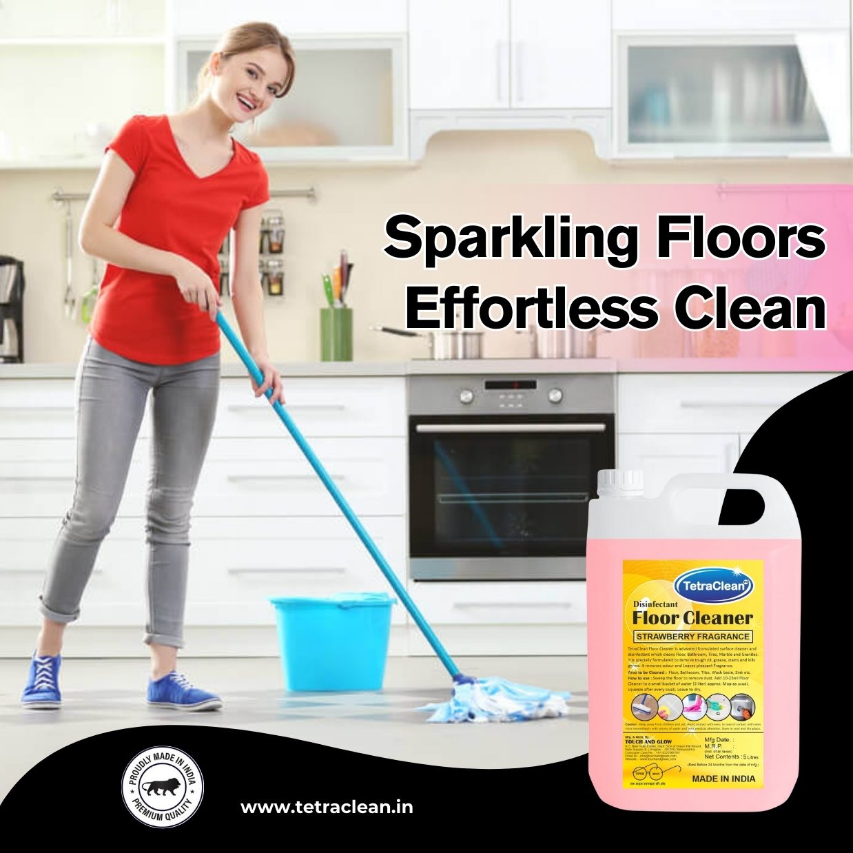 TetraClean Strawberry Disinfectant Floor Cleaner – Sweet Floral Freshness, 99.9% Germ Protection & Sparkling Shine