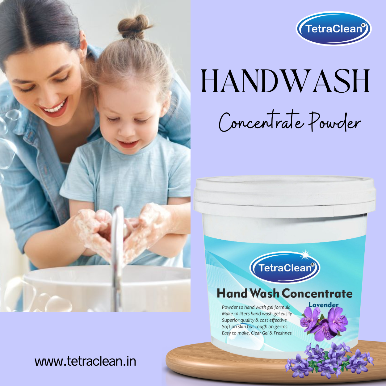 TetraClean Lavender Hand Wash Concentrate Powder – Powder to 10L Clear Gel, Calm Lavender Aroma, Soft on Skin & Tough on Germs