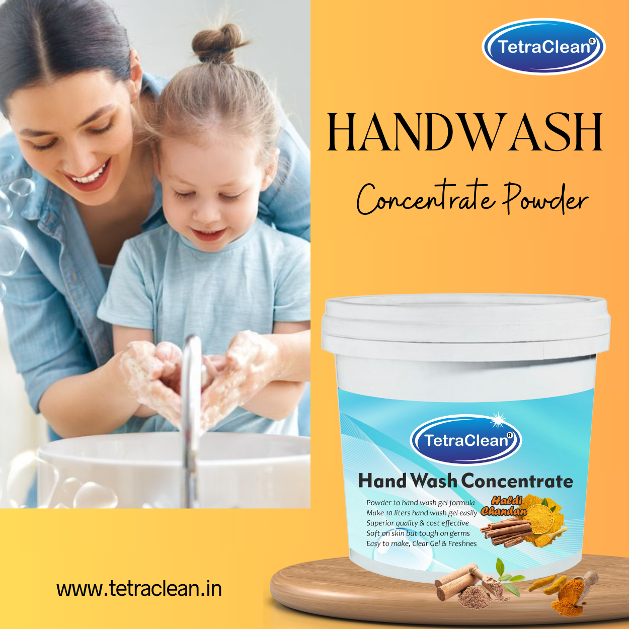 TetraClean Haldi Chandan Hand Wash Concentrate Powder – Herbal Powder to 10L Clear Gel, Ayurvedic Care, Soft on Skin & Tough on Germs