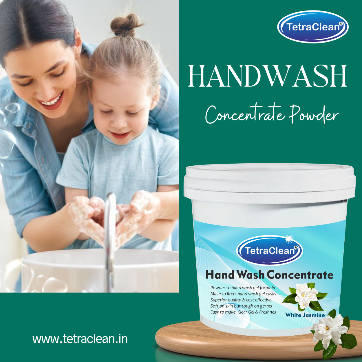TetraClean White Jasmine Hand Wash Concentrate Powder – Powder to 10L Clear Gel, Floral Freshness, Gentle on Hands & Tough on Germs