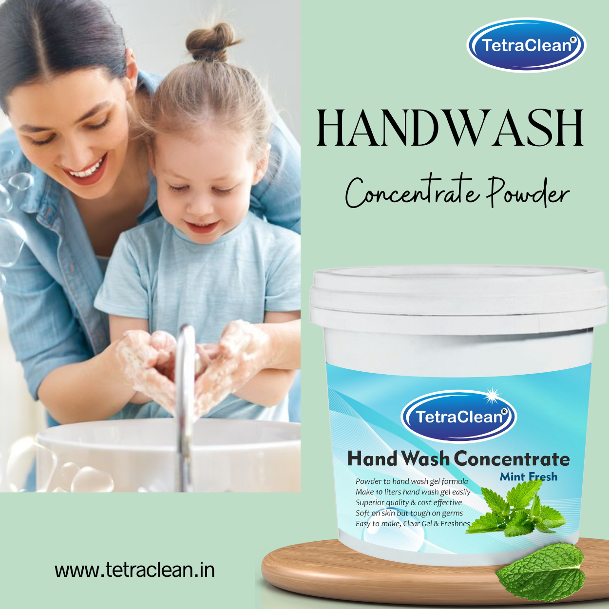 TetraClean Mint Fresh Hand Wash Concentrate Powder – Powder to Clear Gel, Makes 10 Litres, Cooling Mint Hygiene for the Whole Family