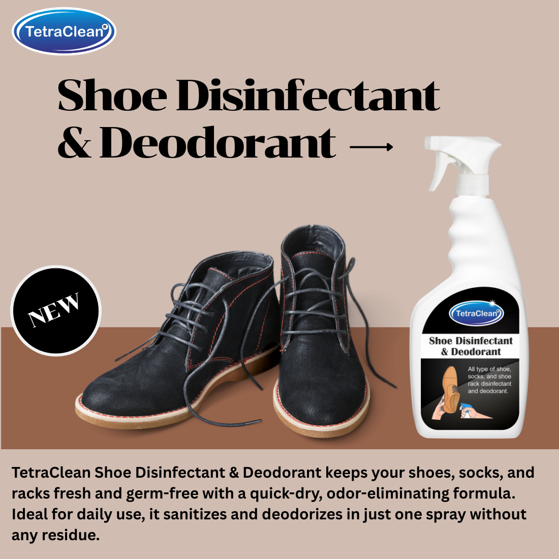 TetraClean Shoe Disinfectant & Deodorant Spray – Odor & Germ Protection for Shoes, Socks & Racks (500ml)