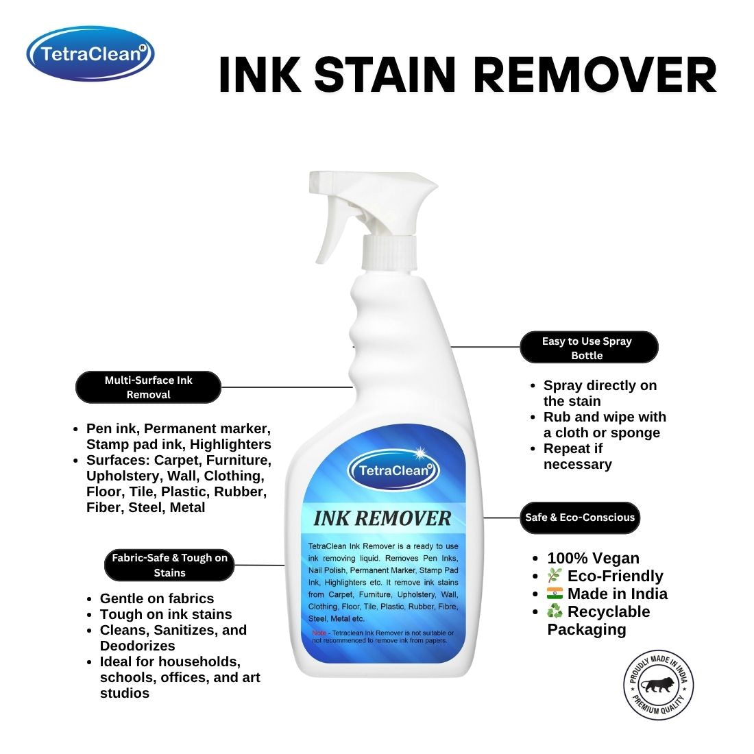 TetraClean Ink Remover Spray I Fabric Stain Remover I Powerful Multi-Surface Stain Cleaner, 500g