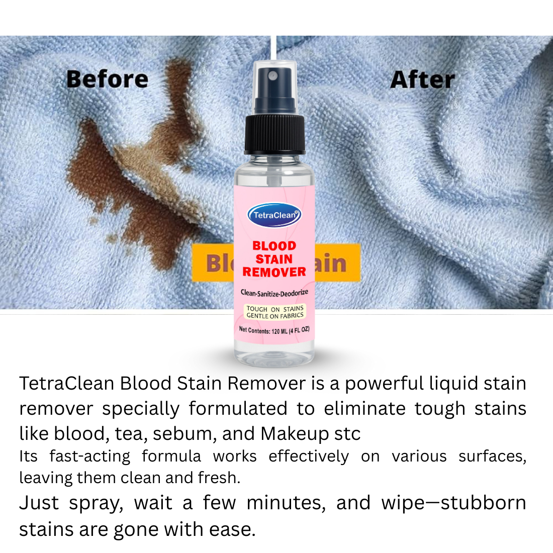 TetraClean Blood Stain Remover – Fast-Acting Fabric Safe Stain Eliminator (120ml)