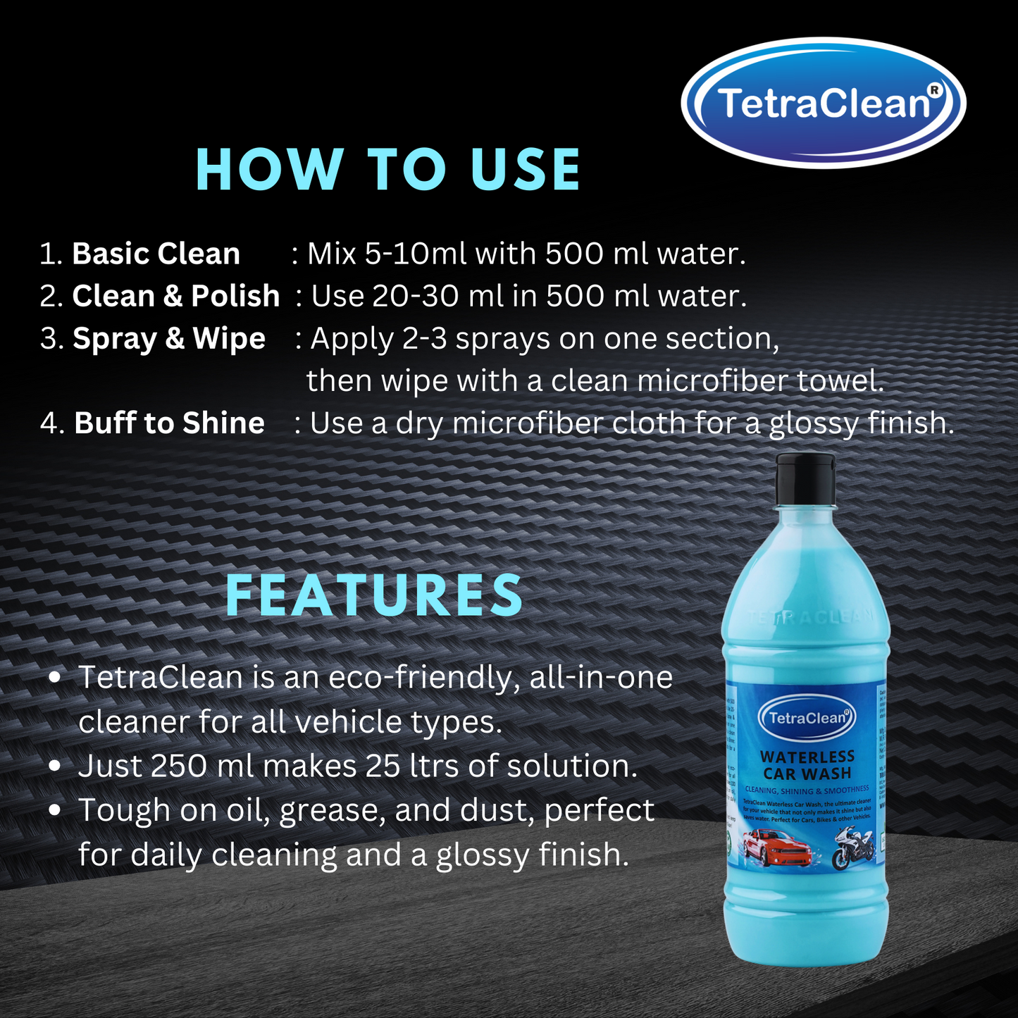 TetraClean Waterless Car Wash – Instant Shine & Smooth Finish, No Water Needed 1,Ltr