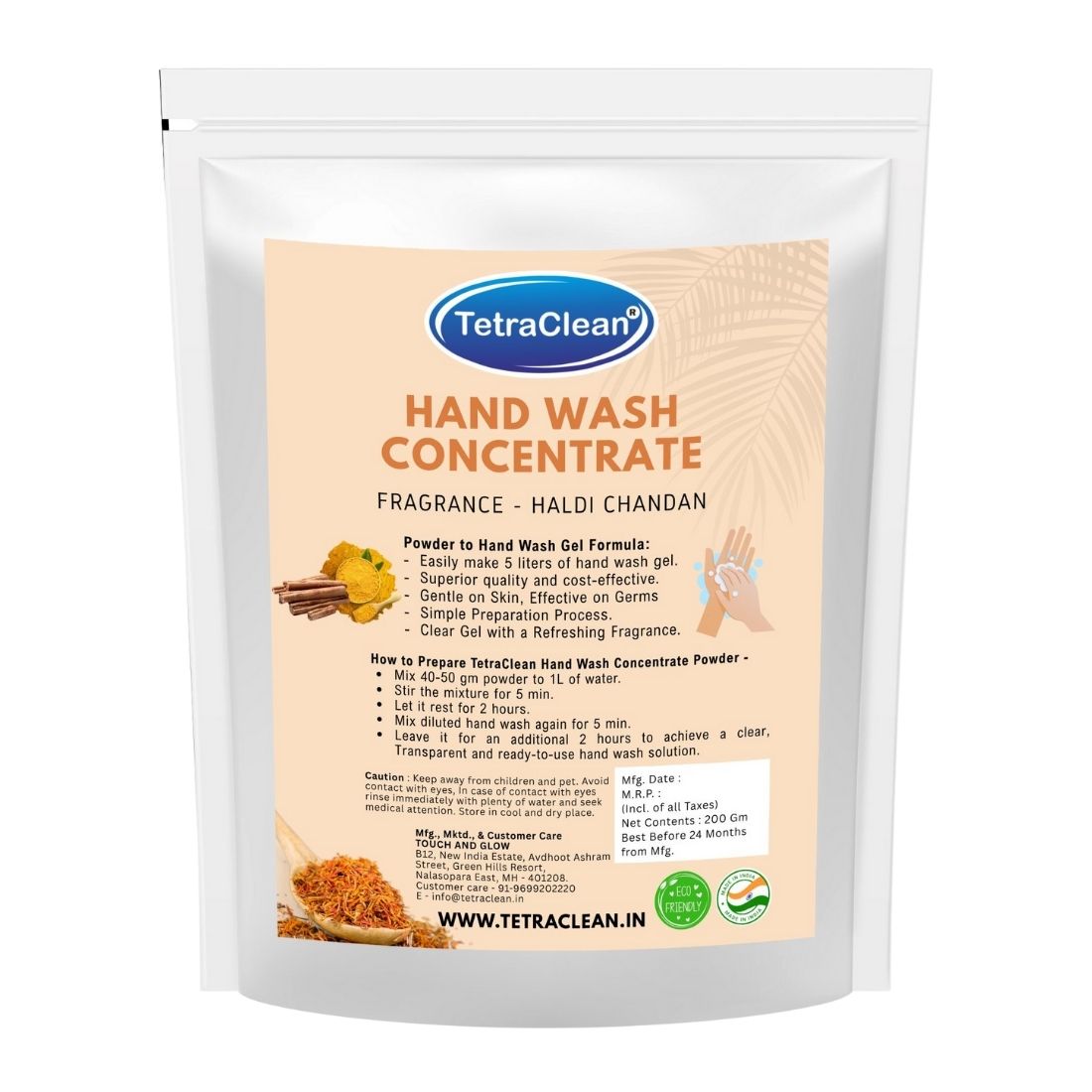 TetraClean Haldi Chandan Hand Wash Concentrate Powder – Herbal Powder to 10L Clear Gel, Ayurvedic Care, Soft on Skin & Tough on Germs