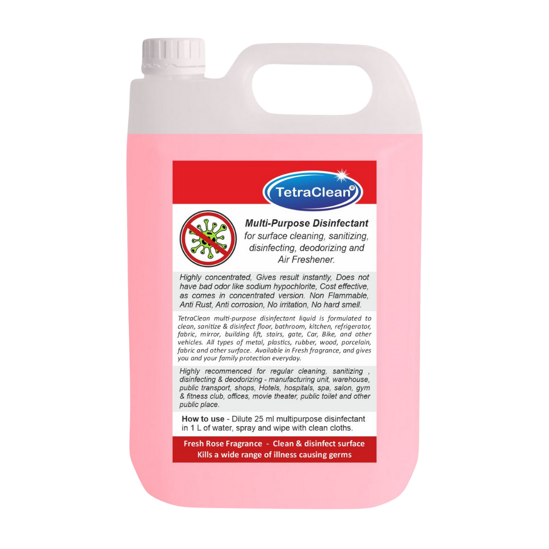 TetraClean Multi‑Purpose Disinfectant – Fresh Rose Fragrance 5Ltr