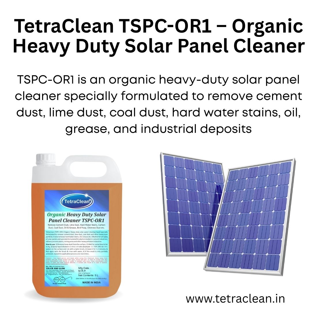 TetraClean TSPC‑OR1 Organic Heavy Duty Solar Panel Cleaner – Eco‑Friendly Industrial Dust Remover
