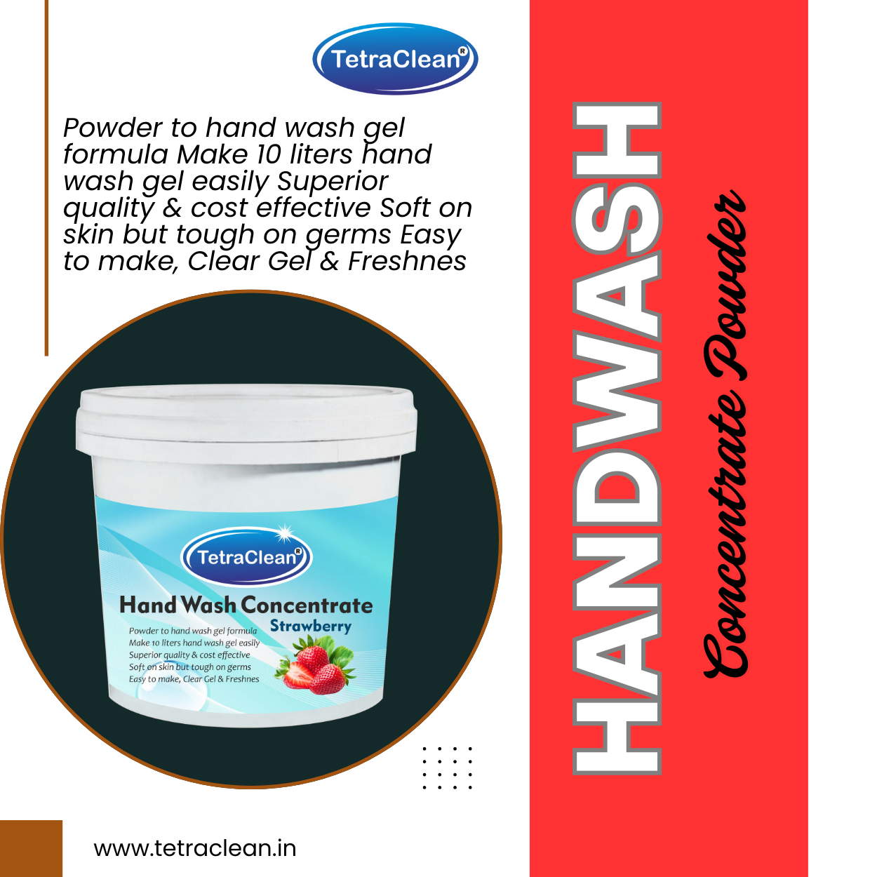 TetraClean Strawberry Hand Wash Concentrate Powder – Powder to 10L Clear Gel, Sweet Berry Fragrance, Soft on Skin & Tough on Germs