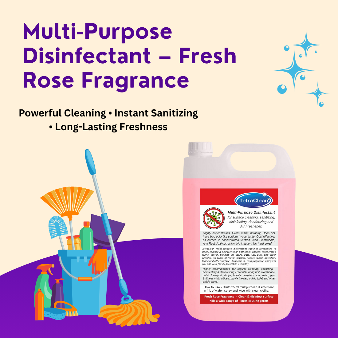 TetraClean Multi‑Purpose Disinfectant – Fresh Rose Fragrance 5Ltr