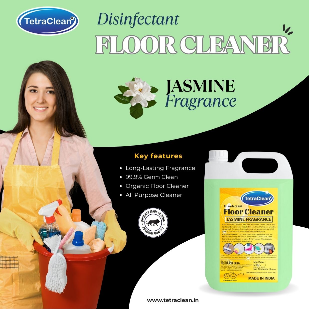 TetraClean Jasmine Disinfectant Floor Cleaner – 99.9% Germ Protection, Long-Lasting Fresh Fragrance for Home, Office & Malls