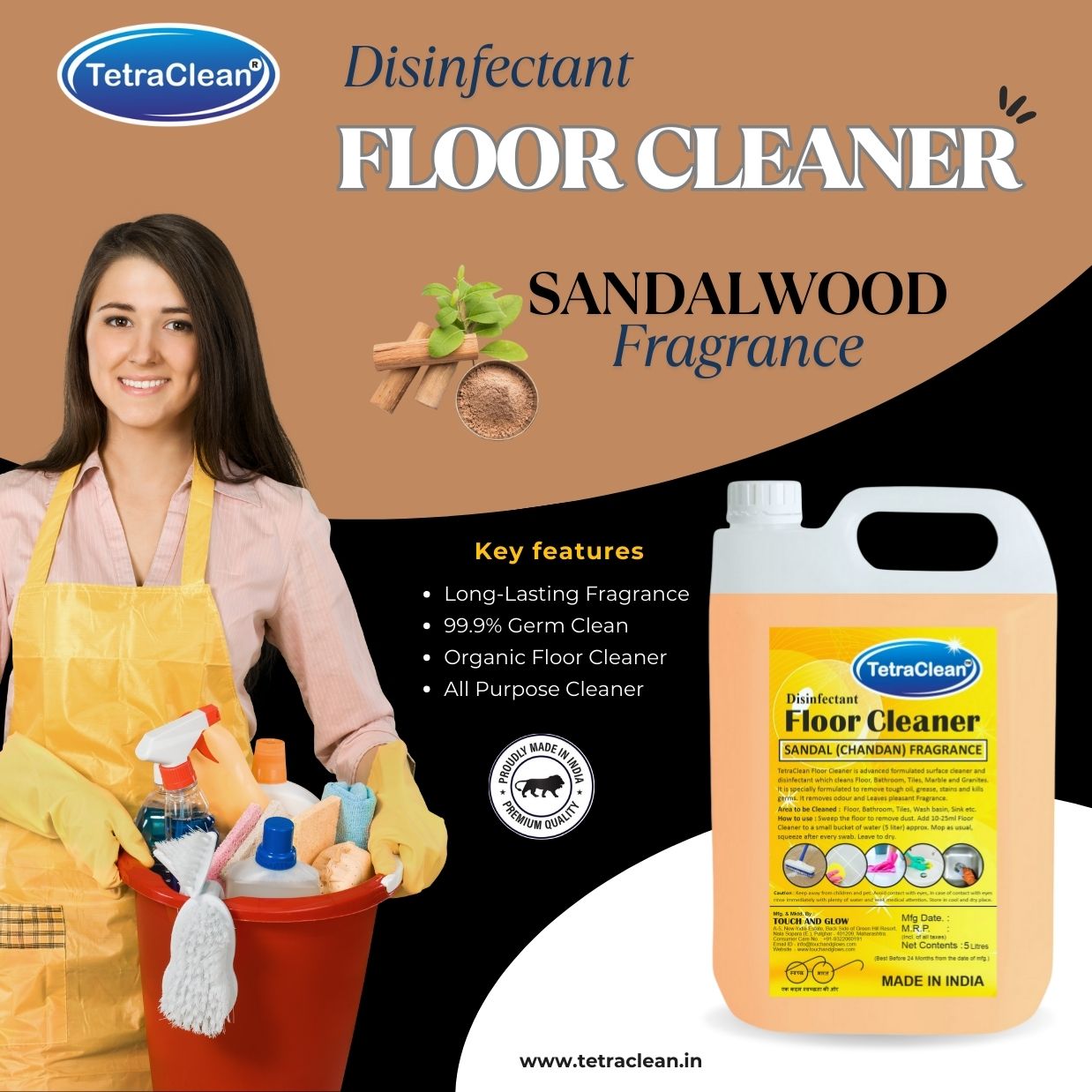 TetraClean Sandal (Chandan) Disinfectant Floor Cleaner – Deep Clean, Traditional Chandan Aroma & 99.9% Germ Protection