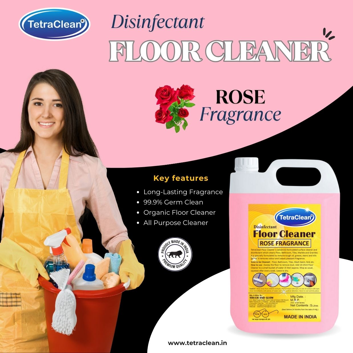 TetraClean Rose Disinfectant Floor Cleaner – Floral Freshness, 99.9% Germ Protection & Streak‑Free Shine