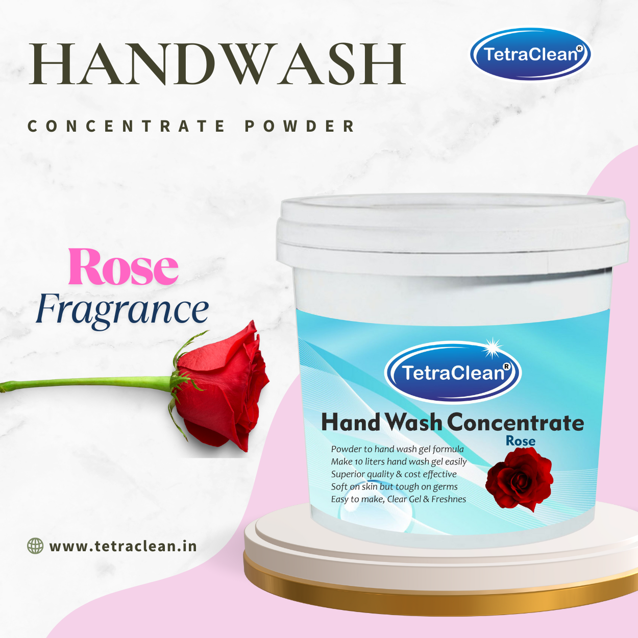 TetraClean Rose Hand Wash Concentrate Powder – Powder to 10L Clear Gel, Luxurious Rose Aroma, Soft on Skin & Tough on Germs