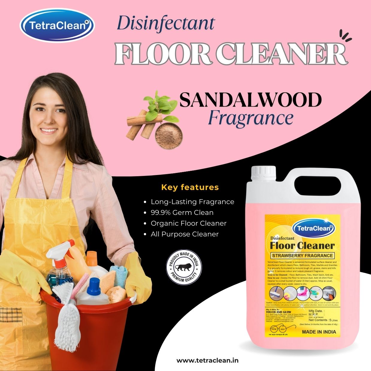 TetraClean Strawberry Disinfectant Floor Cleaner – Sweet Floral Freshness, 99.9% Germ Protection & Sparkling Shine