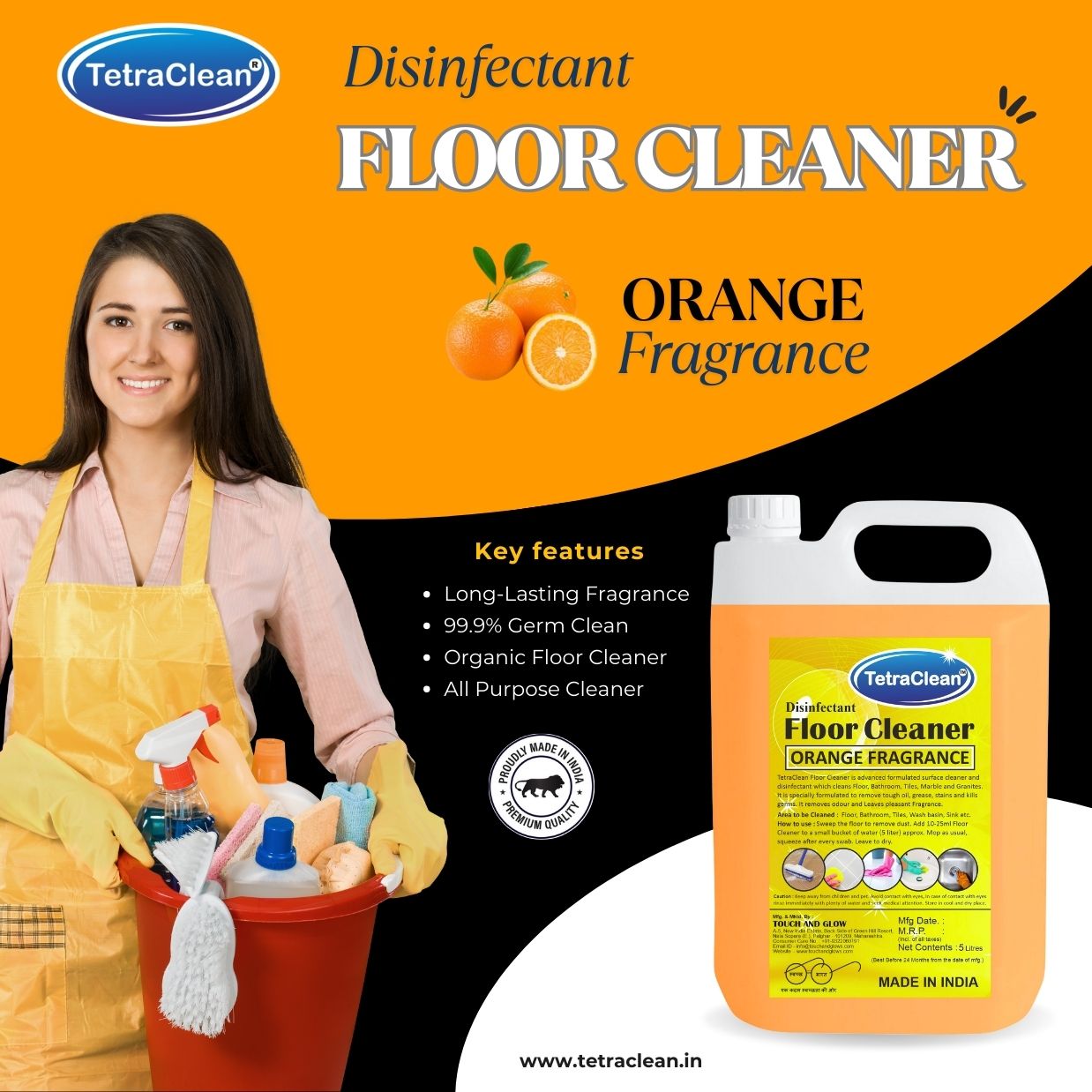 TetraClean Orange Disinfectant Floor Cleaner – Powerful Degreasing, 99.9% Germ Protection & Bright Citrus Freshness