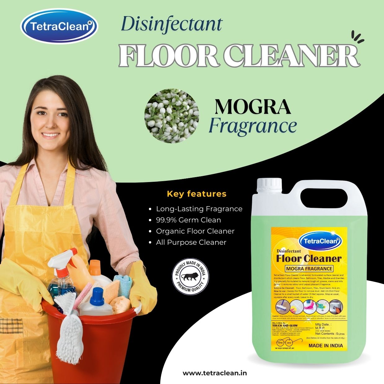 TetraClean Mogra Disinfectant Floor Cleaner – Floral Freshness, 99.9% Germ Protection & Sparkling Shine