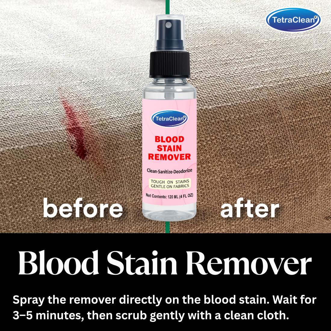 TetraClean Blood Stain Remover – Fast-Acting Fabric Safe Stain Eliminator (120ml)