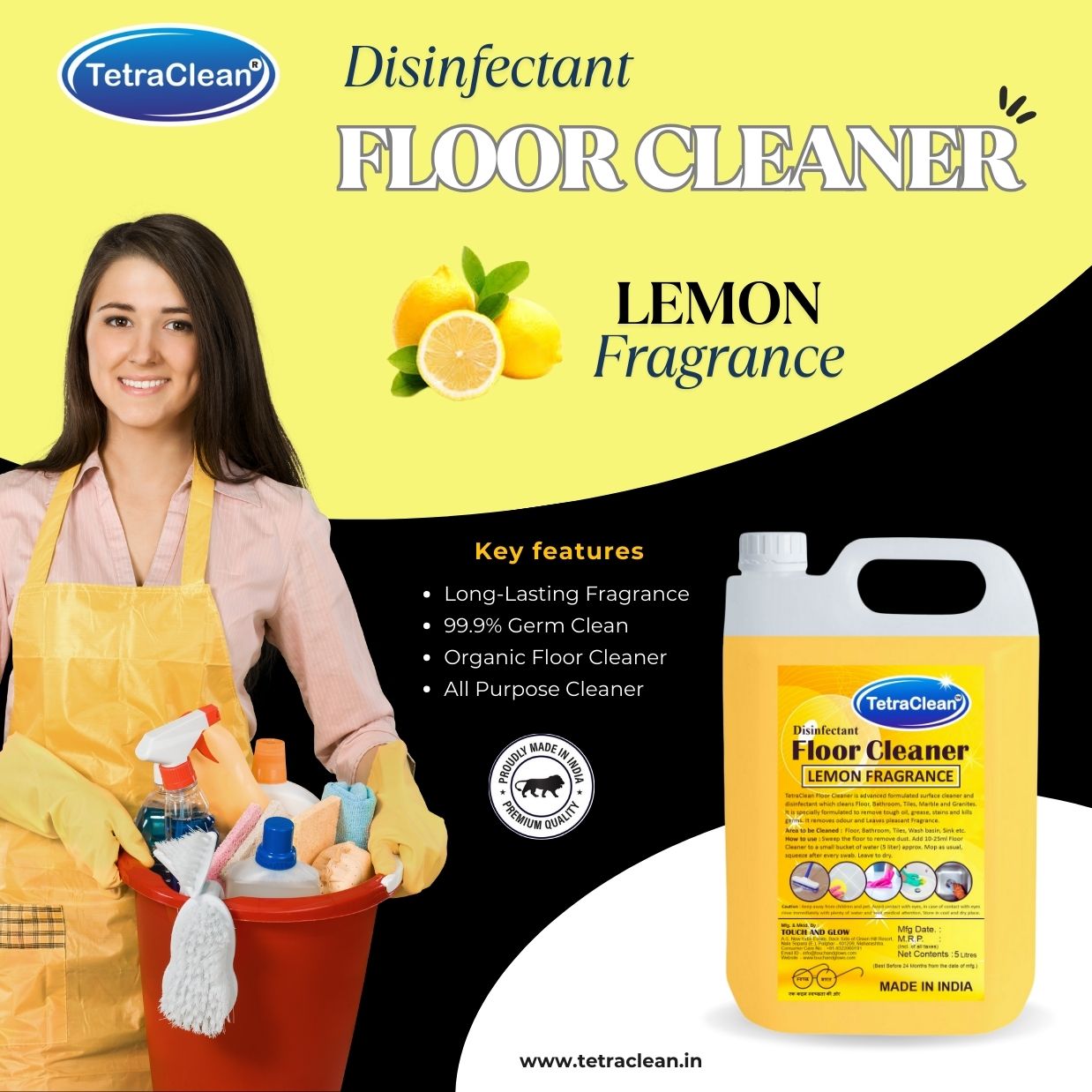 TetraClean Lemon Disinfectant Floor Cleaner – Powerful Degreasing Action, 99.9% Germ Protection & Fresh Citrus Shine