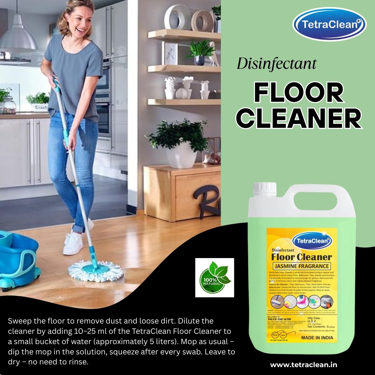 TetraClean Jasmine Disinfectant Floor Cleaner – 99.9% Germ Protection, Long-Lasting Fresh Fragrance for Home, Office & Malls