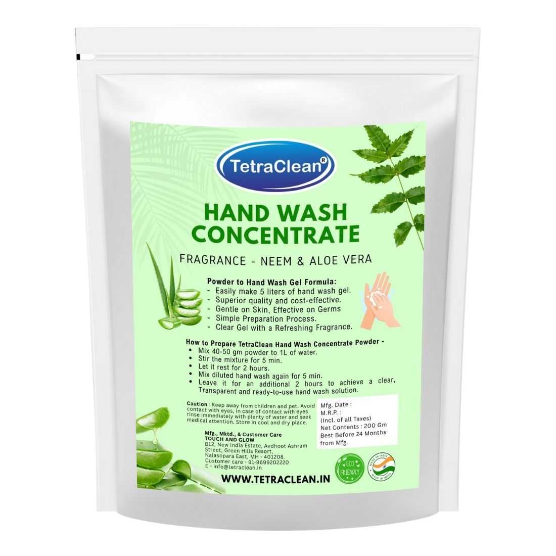 TetraClean Neem & Aloe Vera Hand Wash Concentrate Powder – Powder to 10L Clear Gel, Herbal Protection, Gentle Hydration for Sensitive Skin