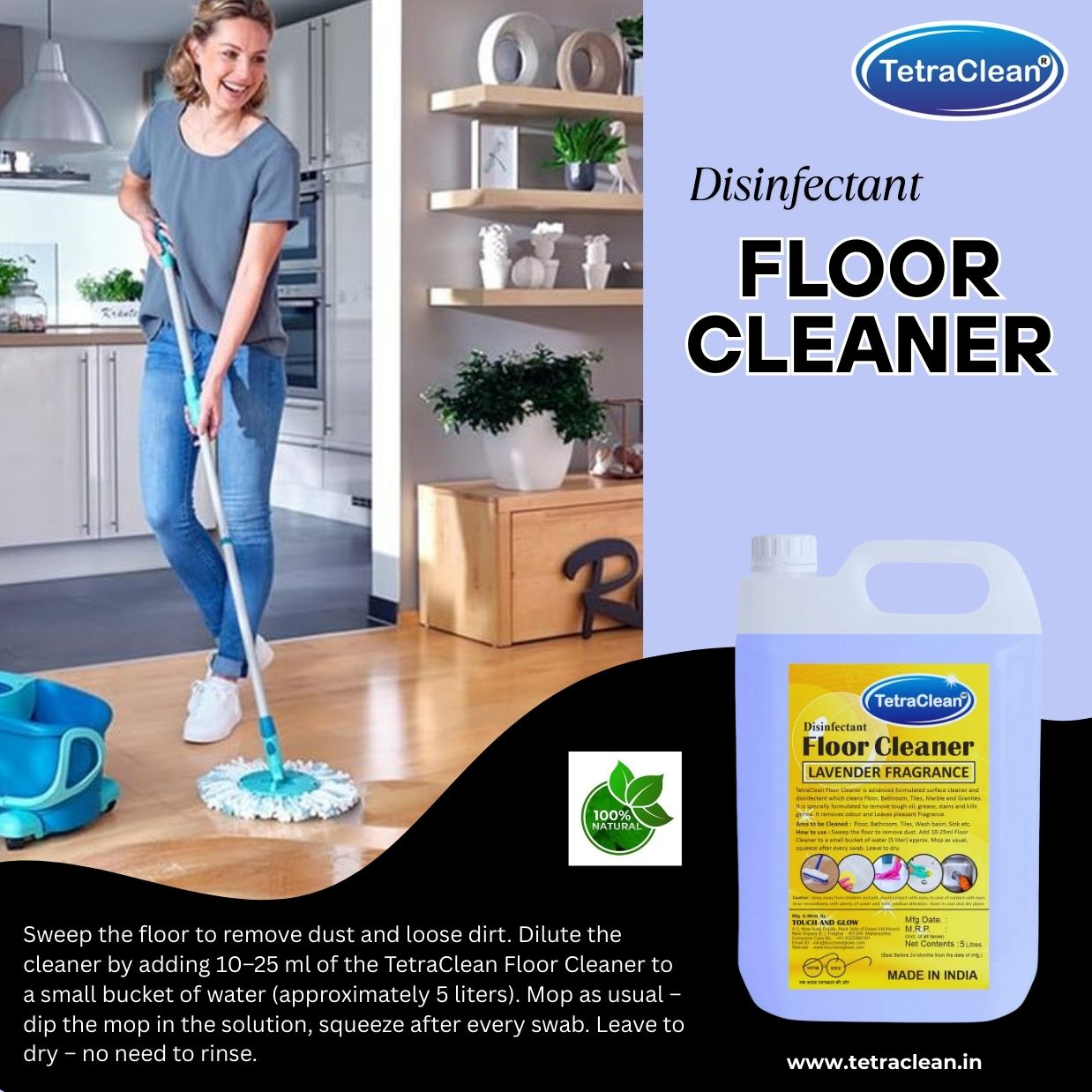 TetraClean Lavender Disinfectant Floor Cleaner – Relaxing Aroma, 99.9% Germ Protection & Streak-Free Shine for Every Room