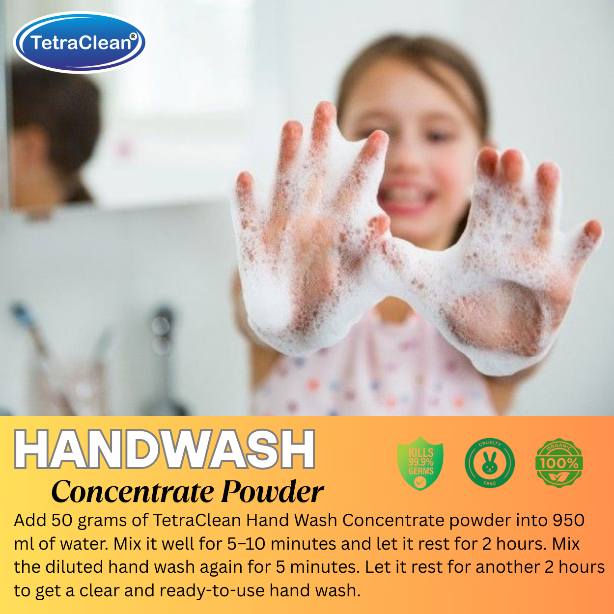 TetraClean Haldi Chandan Hand Wash Concentrate Powder – Herbal Powder to 10L Clear Gel, Ayurvedic Care, Soft on Skin & Tough on Germs