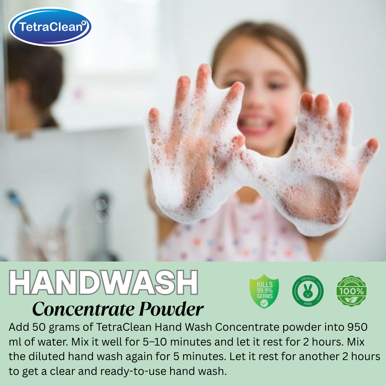 TetraClean Mint Fresh Hand Wash Concentrate Powder – Powder to Clear Gel, Makes 10 Litres, Cooling Mint Hygiene for the Whole Family