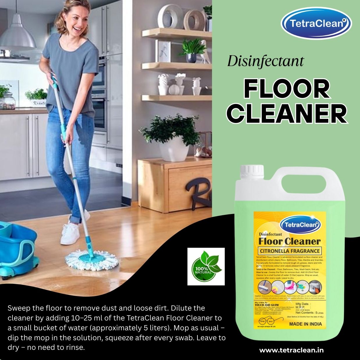 TetraClean Citronella Disinfectant Floor Cleaner – Deep Clean, Odour Control & Insect-Repelling Fresh Fragrance for Home and Commercial Use