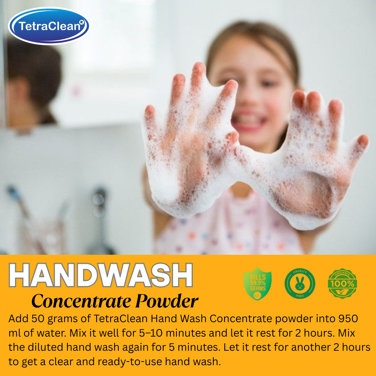 TetraClean Orange Fresh Hand Wash Concentrate Powder – Powder to 10L Clear Gel, Juicy Citrus Aroma, Soft on Skin & Tough on Germs