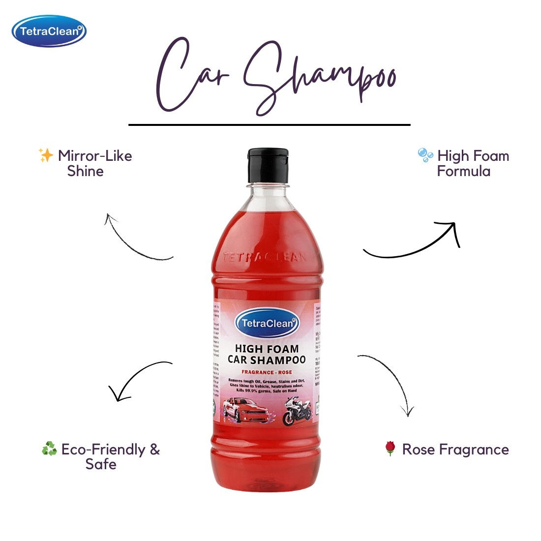 TetraClean High Foam Car Shampoo – Deep Cleaning & Shine Boost Formula (Rose Fragrance) 1 Ltr