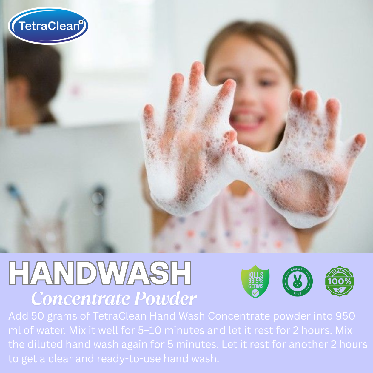 TetraClean Lavender Hand Wash Concentrate Powder – Powder to 10L Clear Gel, Calm Lavender Aroma, Soft on Skin & Tough on Germs