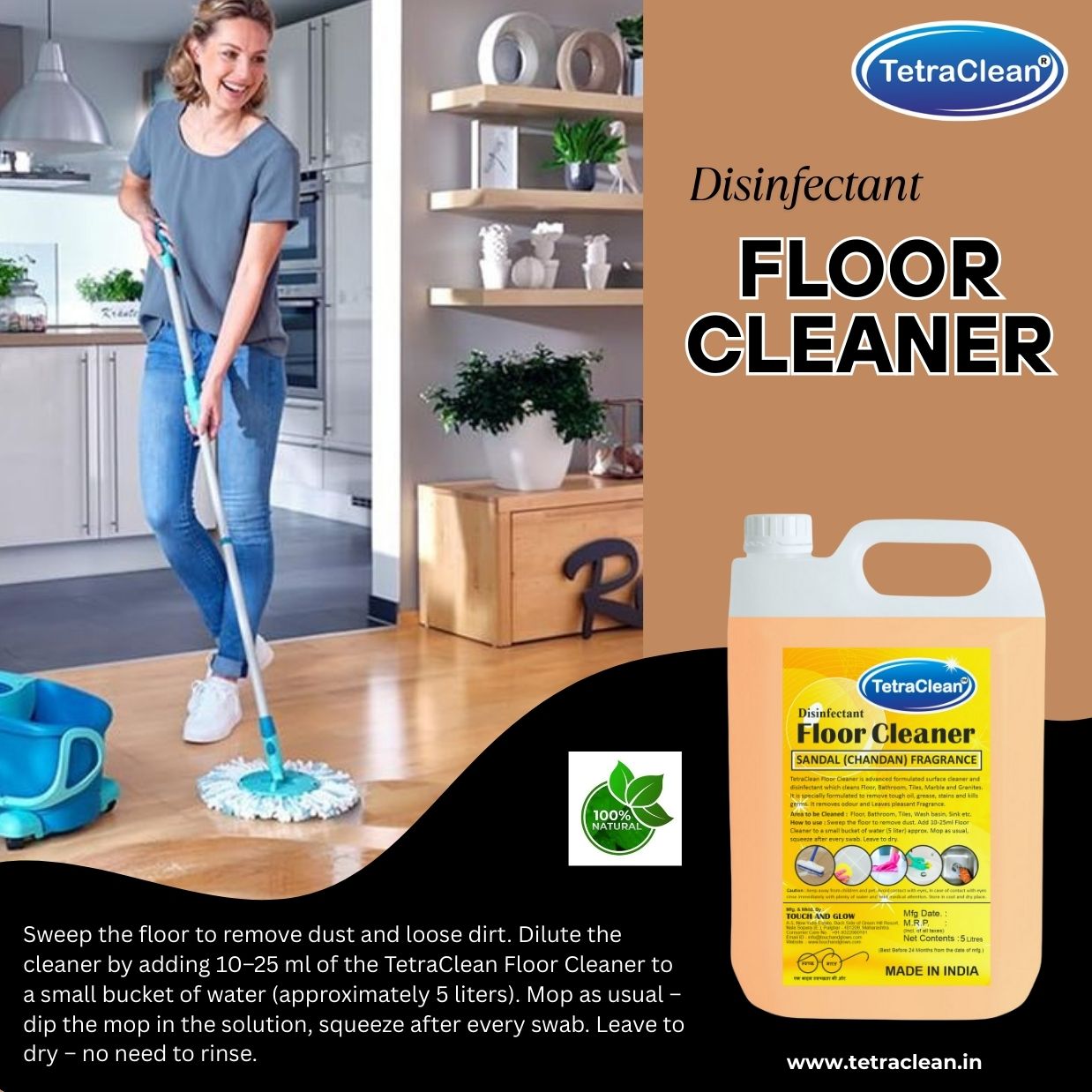 TetraClean Sandal (Chandan) Disinfectant Floor Cleaner – Deep Clean, Traditional Chandan Aroma & 99.9% Germ Protection
