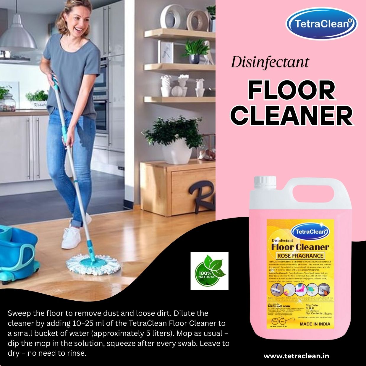 TetraClean Rose Disinfectant Floor Cleaner – Floral Freshness, 99.9% Germ Protection & Streak‑Free Shine