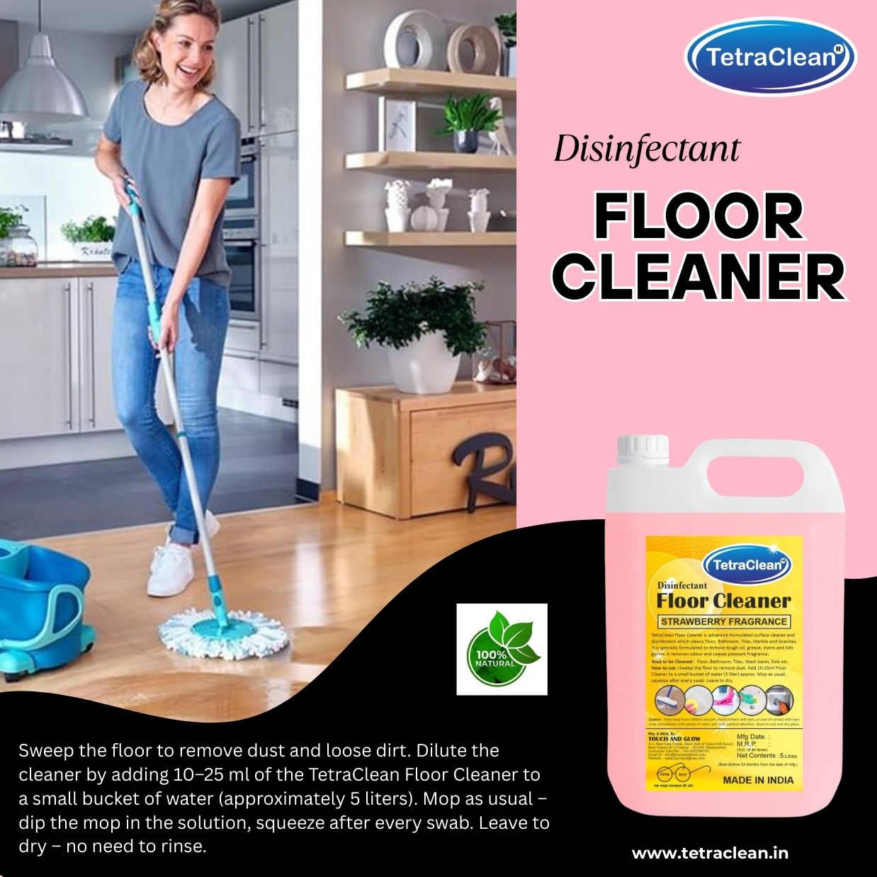TetraClean Strawberry Disinfectant Floor Cleaner – Sweet Floral Freshness, 99.9% Germ Protection & Sparkling Shine