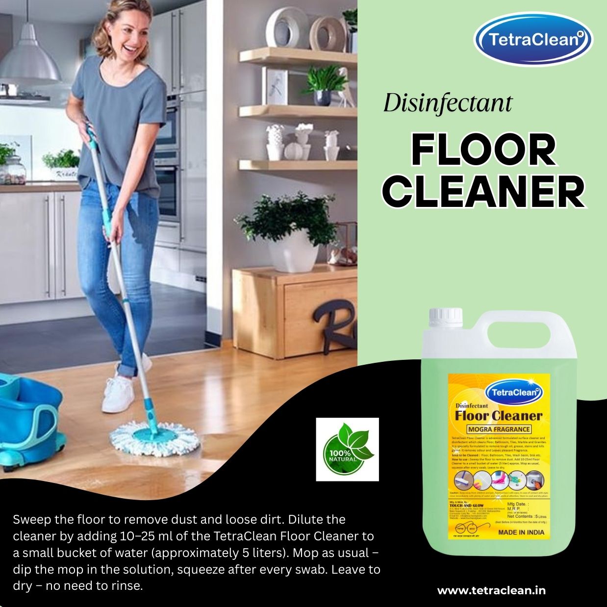 TetraClean Mogra Disinfectant Floor Cleaner – Floral Freshness, 99.9% Germ Protection & Sparkling Shine