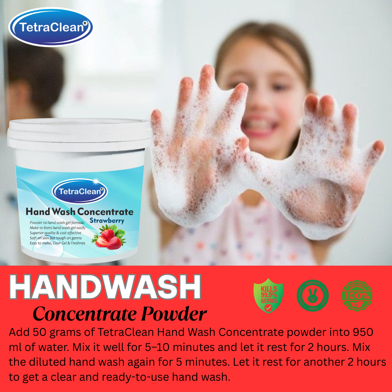 TetraClean Strawberry Hand Wash Concentrate Powder – Powder to 10L Clear Gel, Sweet Berry Fragrance, Soft on Skin & Tough on Germs