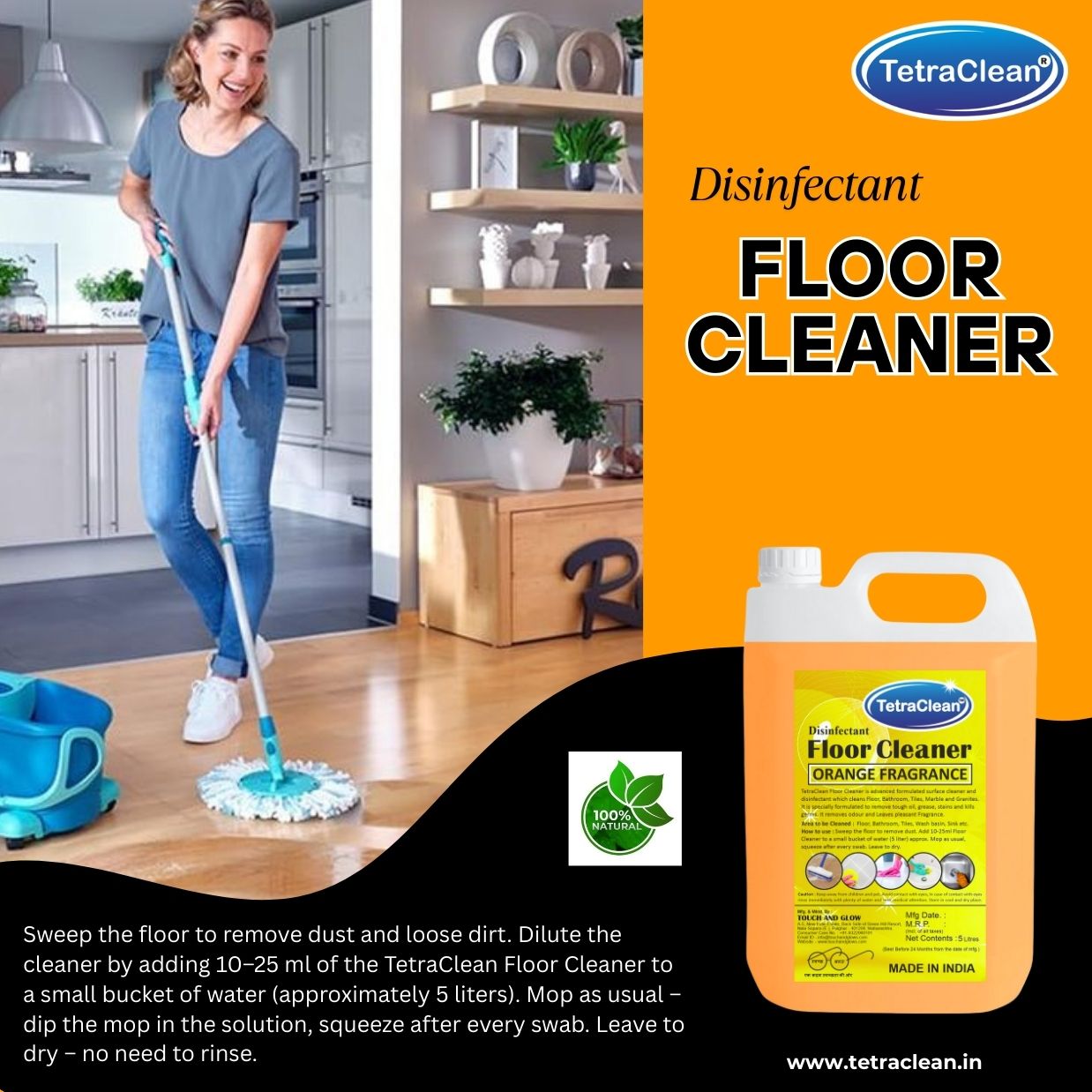TetraClean Orange Disinfectant Floor Cleaner – Powerful Degreasing, 99.9% Germ Protection & Bright Citrus Freshness