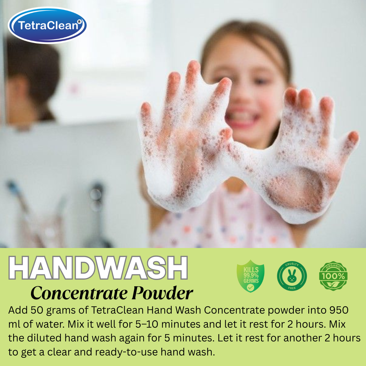 TetraClean Green Apple Hand Wash Concentrate Powder – Powder to 10L Clear Gel, Juicy Fresh Fragrance, Soft on Skin & Tough on Germs