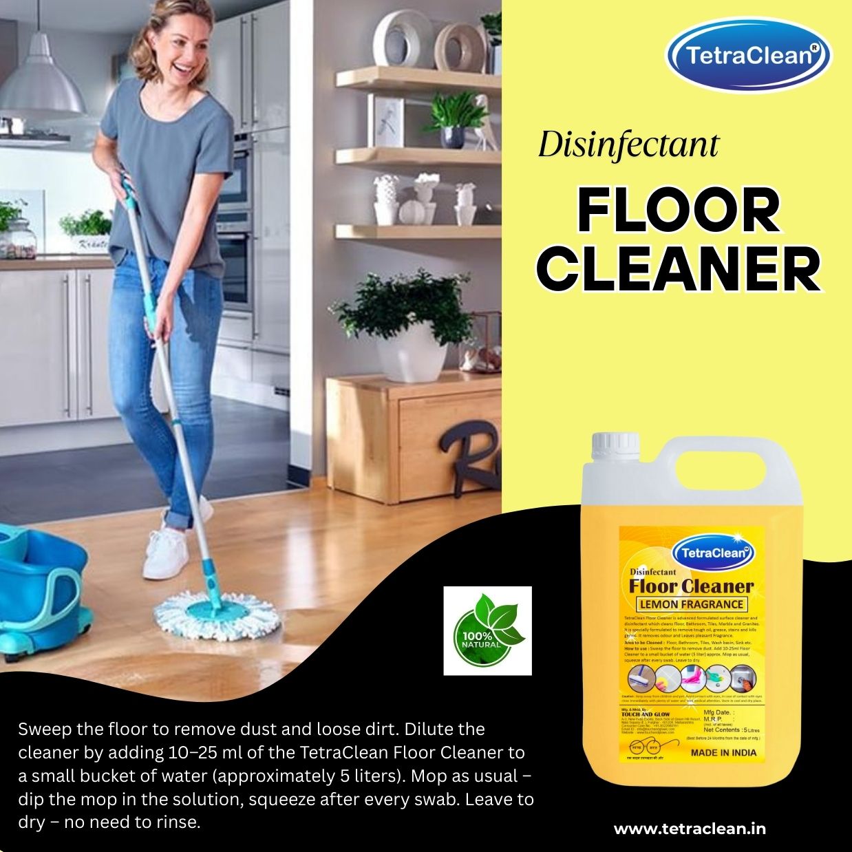 TetraClean Lemon Disinfectant Floor Cleaner – Powerful Degreasing Action, 99.9% Germ Protection & Fresh Citrus Shine