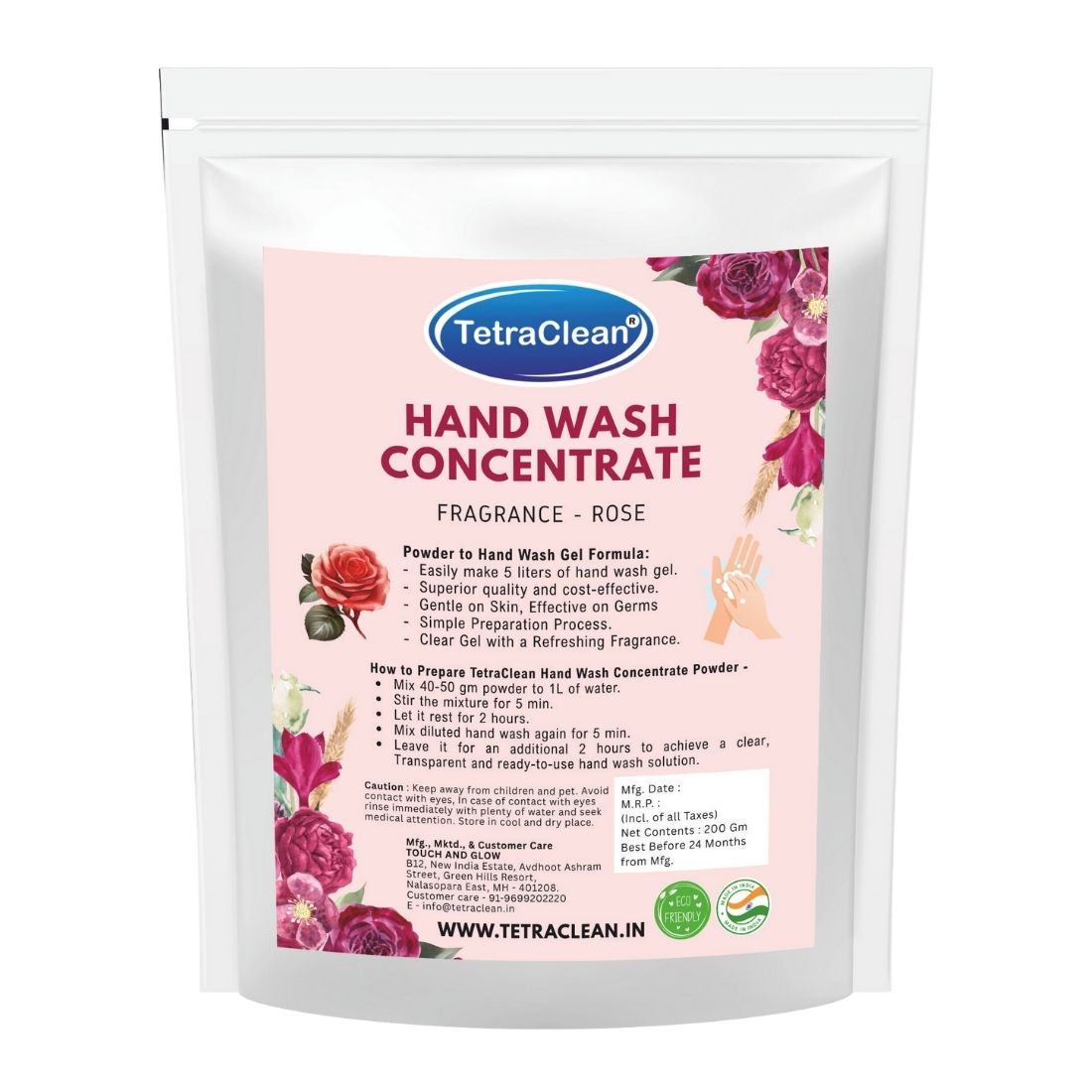 TetraClean Rose Hand Wash Concentrate Powder – Powder to 10L Clear Gel, Luxurious Rose Aroma, Soft on Skin & Tough on Germs