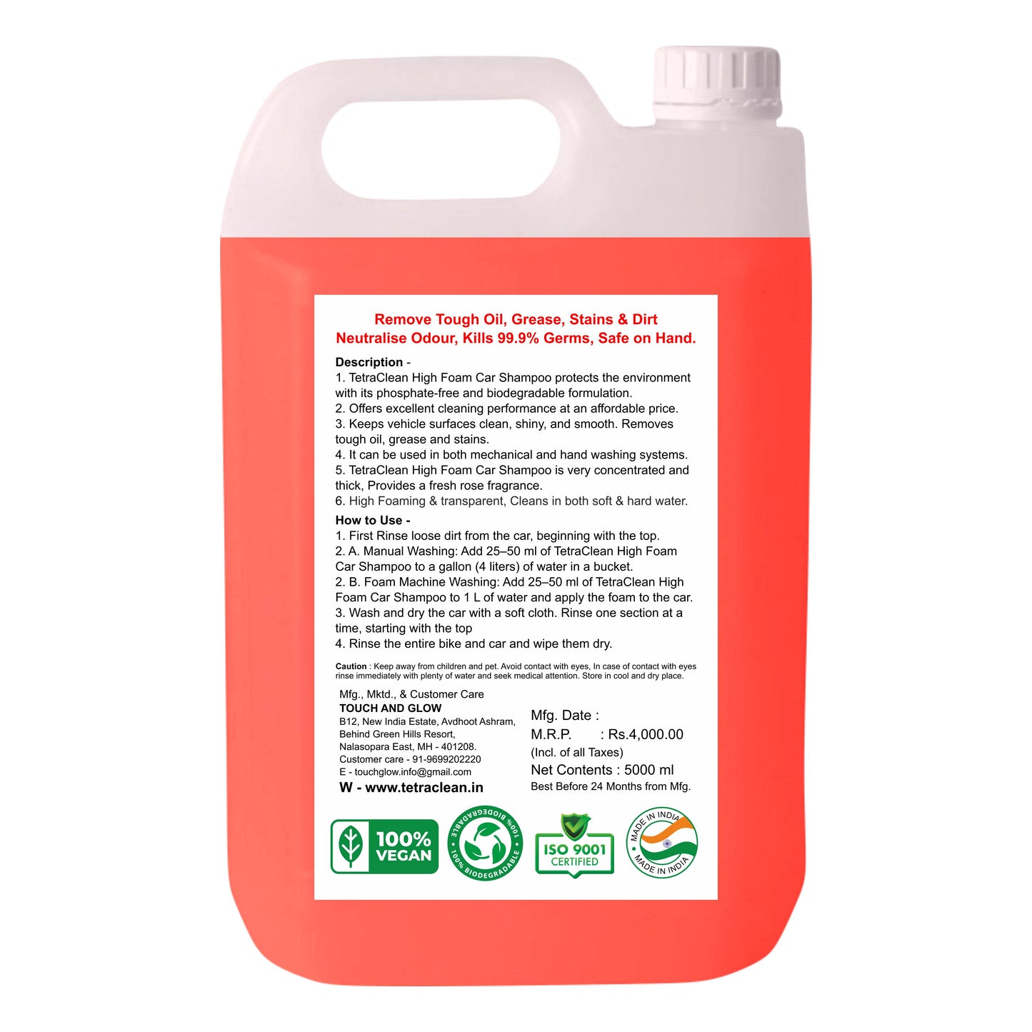 TetraClean High Foam Car Shampoo 5L – Super Concentrated Rose Fragrance Car Wash Formula