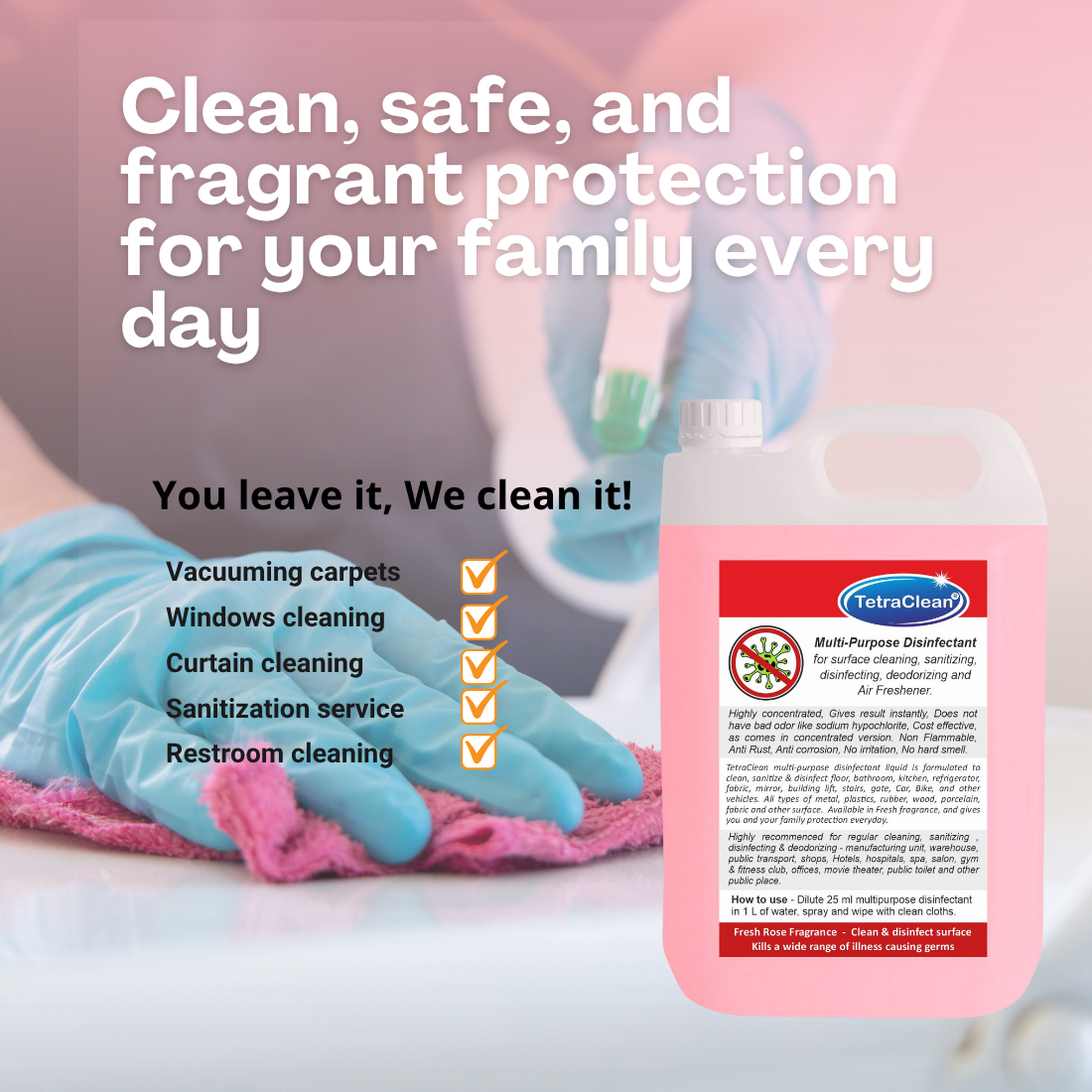 TetraClean Multi‑Purpose Disinfectant – Fresh Rose Fragrance 5Ltr