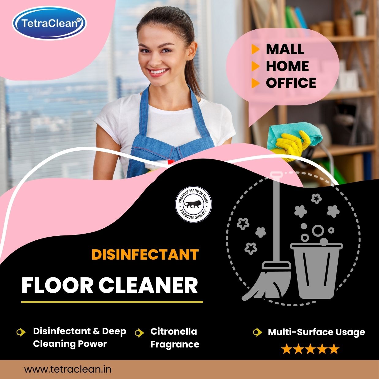 TetraClean Strawberry Disinfectant Floor Cleaner – Sweet Floral Freshness, 99.9% Germ Protection & Sparkling Shine