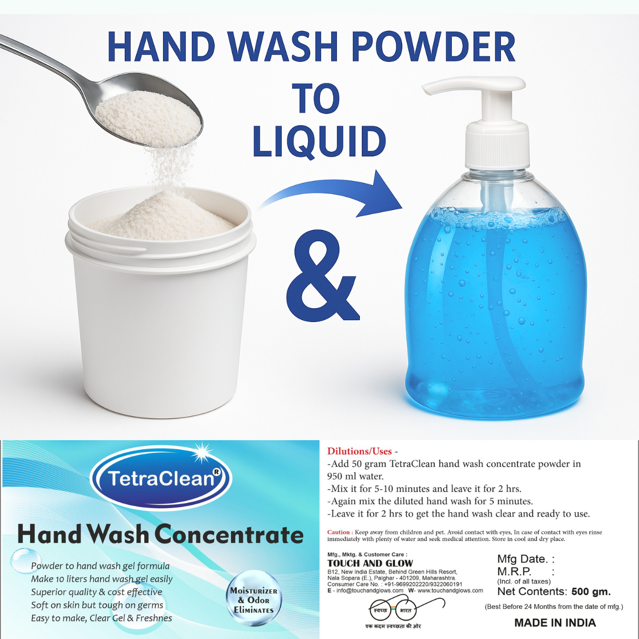 TetraClean Aqua Fresh Hand Wash Concentrate Powder – Powder to Clear Gel, Makes 10 Litres, Soft on Skin & Tough on Germs