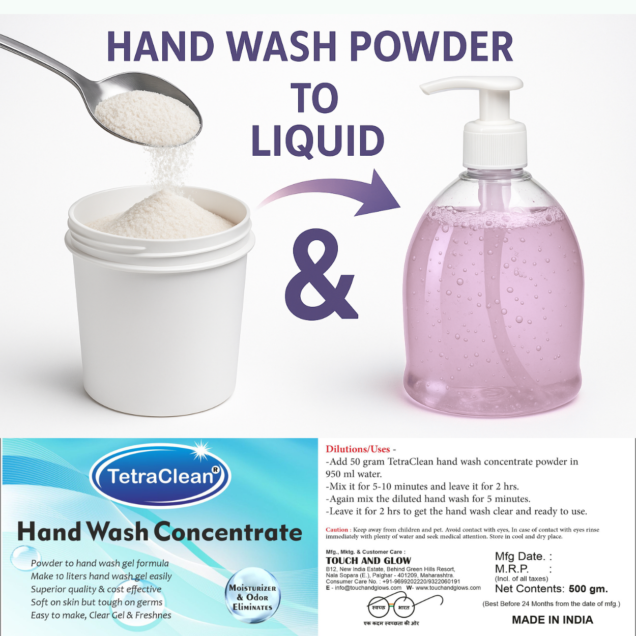 TetraClean Rose Hand Wash Concentrate Powder – Powder to 10L Clear Gel, Luxurious Rose Aroma, Soft on Skin & Tough on Germs